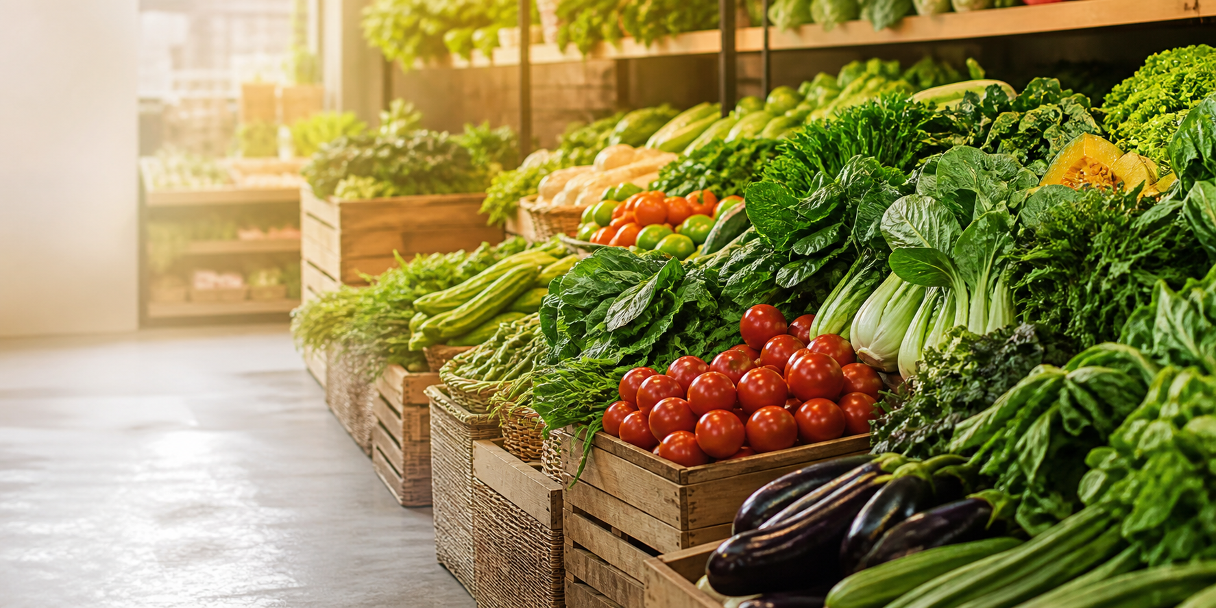 Fresh vegetables displayed at a neighborhood market