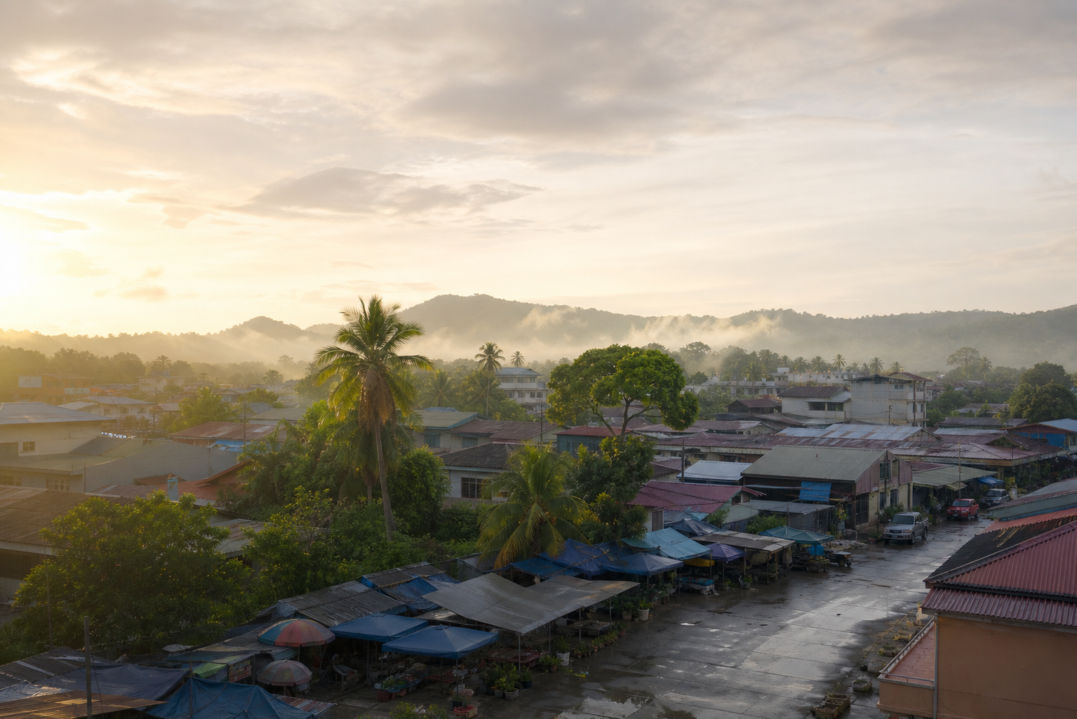 A tropical morning market scene inspired by Tawau, Sabah